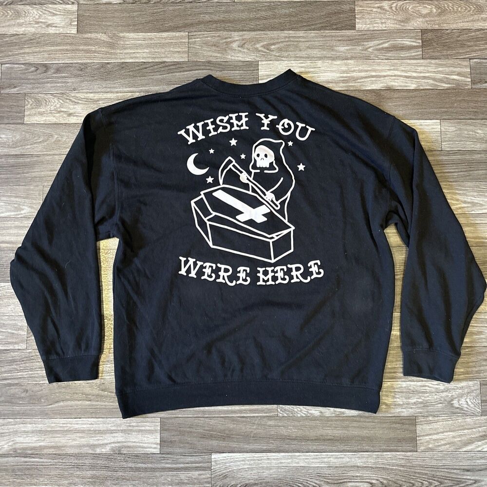Spencer’s Crewneck Sweatshirt Men’s XL Skeleton Coffin Halloween Solid Black Y2K